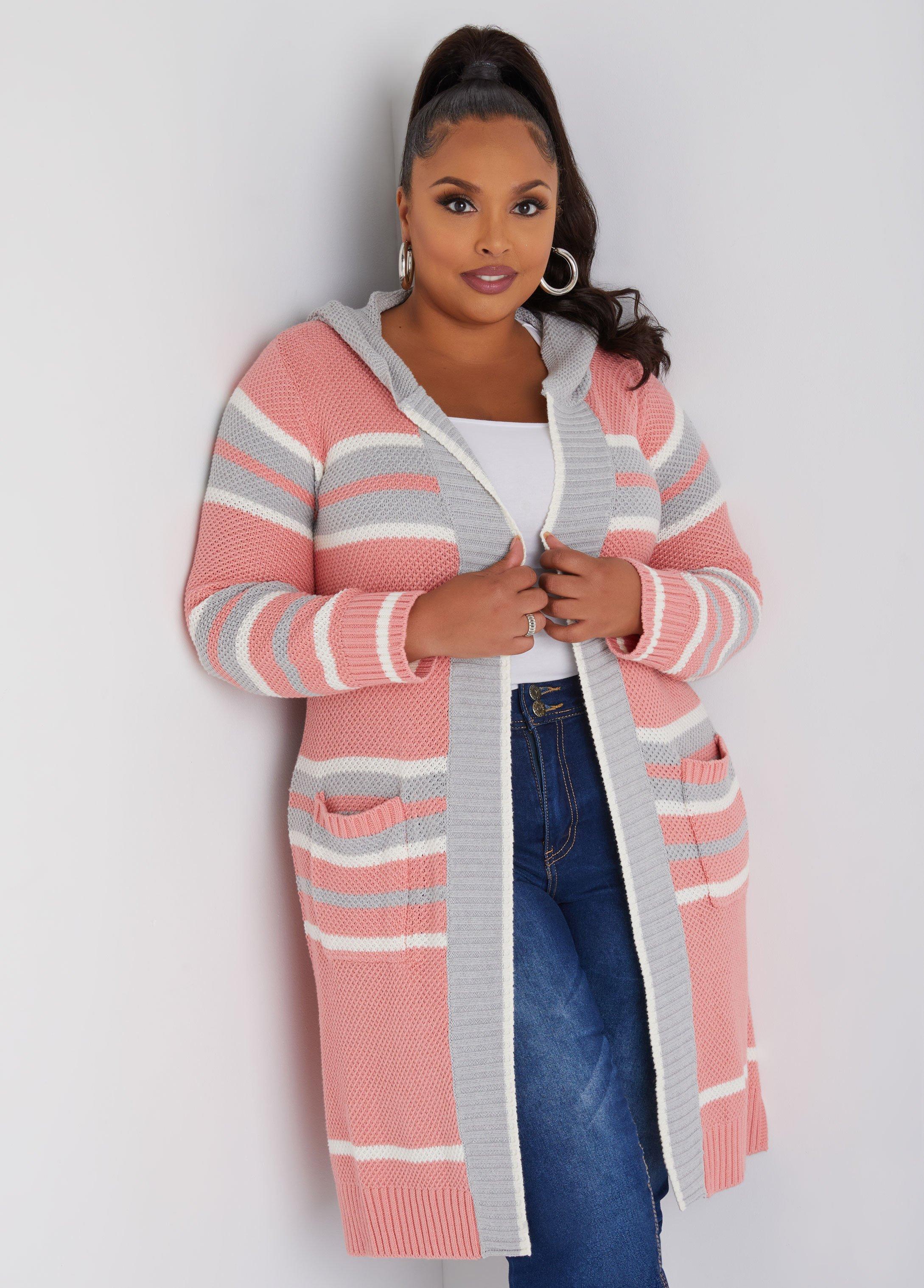 Striped Hooded Open Front Cardigan Product Image