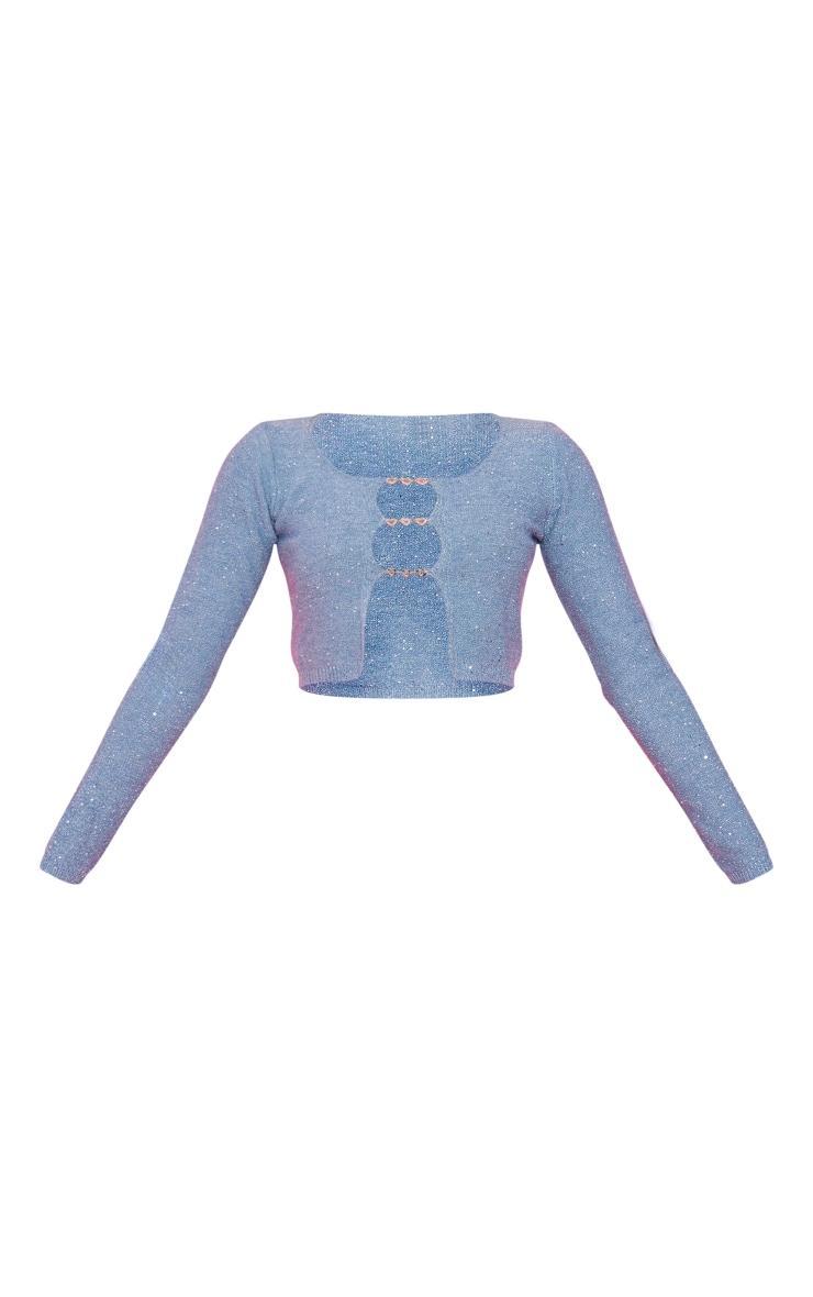 Dusty Blue Glitter Knit Heart Trim Long Sleeve Top Product Image