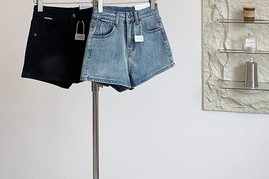 High Waist Washed Denim Shorts Product Image