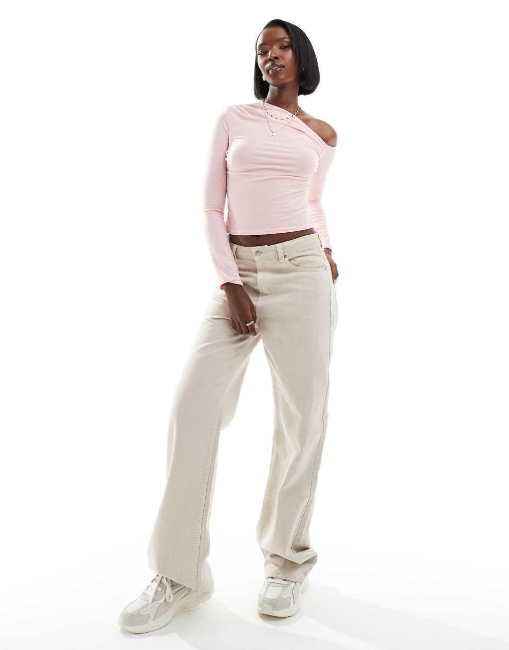 Fashionkilla super-soft off the shoulder ruched long sleeve top in pale pink Product Image