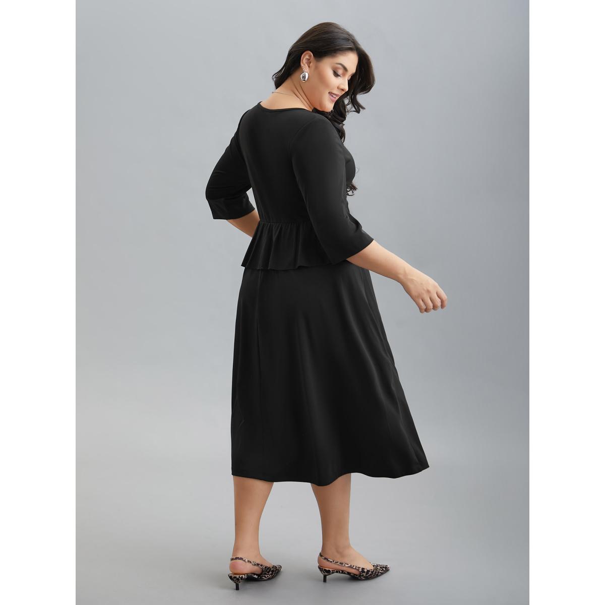 Plus Size Ruffle Trim Button Front Midi Dress Black Women At the Office Button Square Neck Elbow-length sleeve Curvy BloomChic 14-16/1X Product Image