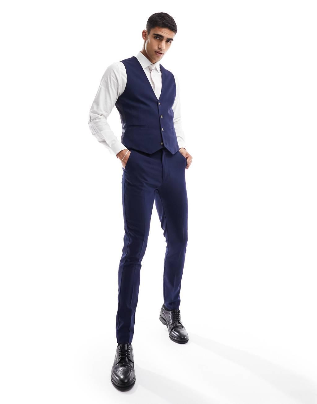 ASOS DESIGN Wedding skinny suit vest in navy microtexture Product Image