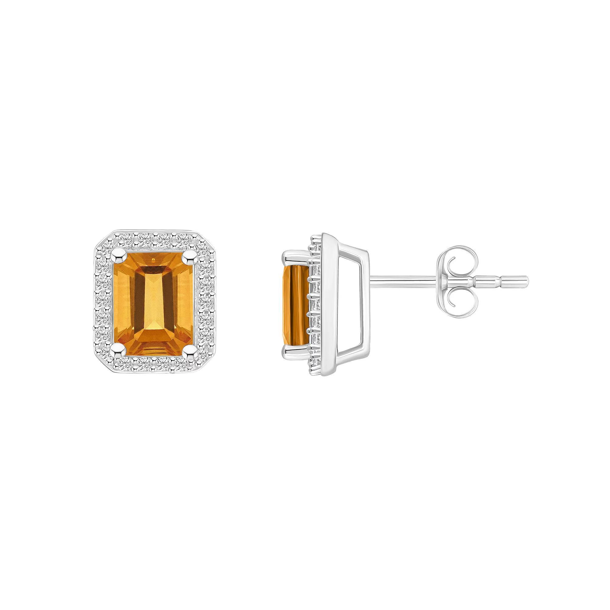 Celebration Gems 10k White Gold Emerald Cut Gemstone & Lab-Created White Sapphire Halo Stud Earrings, Women's, Citrine Product Image