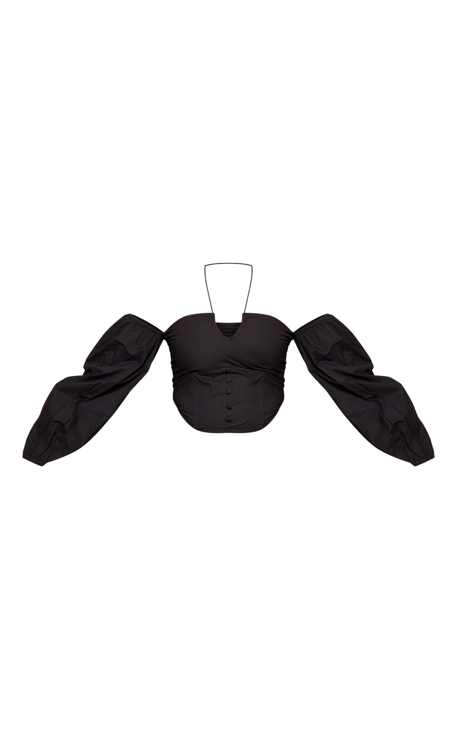 Black Poplin Elastic Halter Bardot Top Product Image