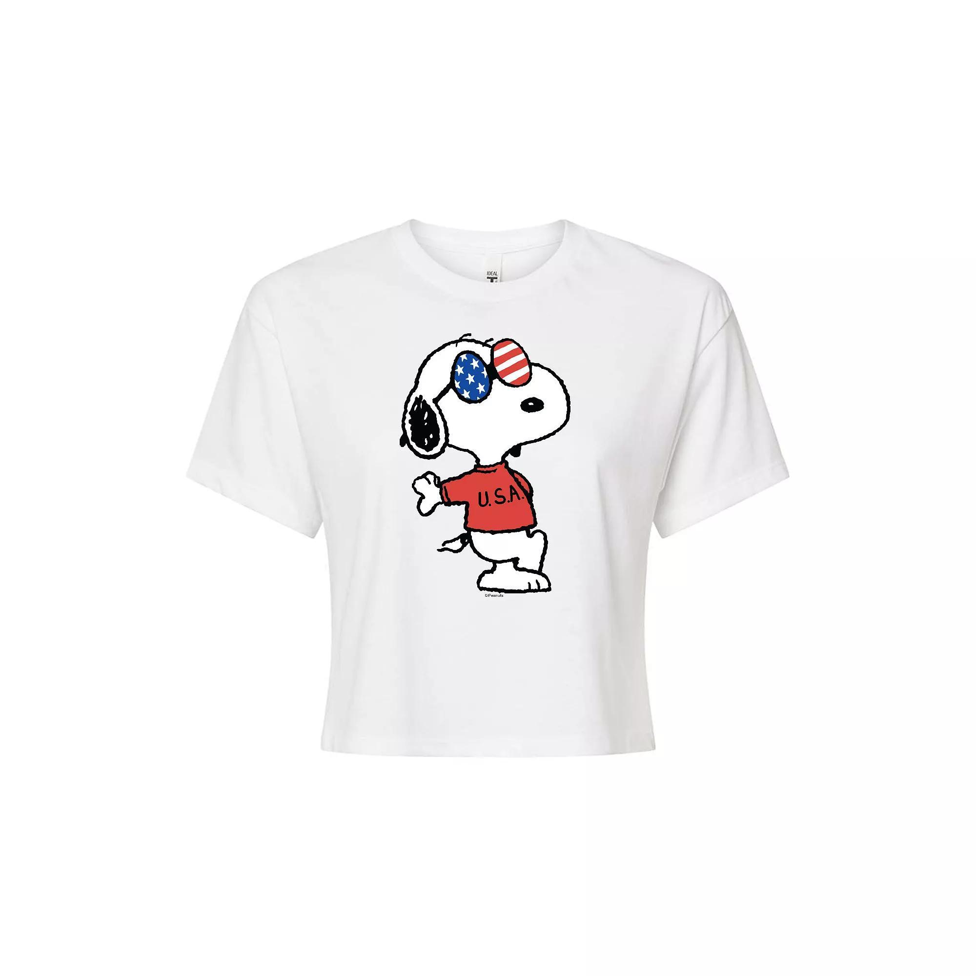 Juniors' Peanuts USA Snoopy Cropped Tee, Girl's, Size: Large, White Product Image