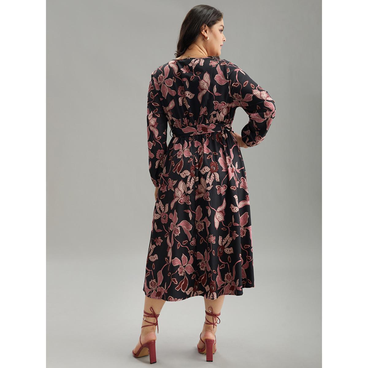 Plus Size Floral Lantern Sleeve Belted Overlap Collar Dress Black Women Elegant Elastic cuffs Overlap Collar Long Sleeve Curvy Midi Dress BloomChic 22-24/3X Product Image