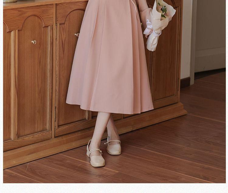 Set: Long Sleeve V-Neck Plain Flower Detail Knit Top + High Rise Plain Pleated Midi A-Line Skirt + Belt Product Image