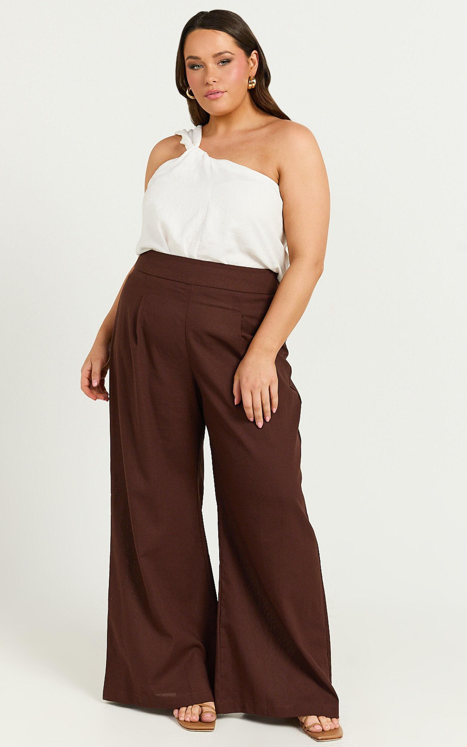 Alina Pants - Linen High Waisted Wide Leg Relaxed Pants in Chocolate Product Image