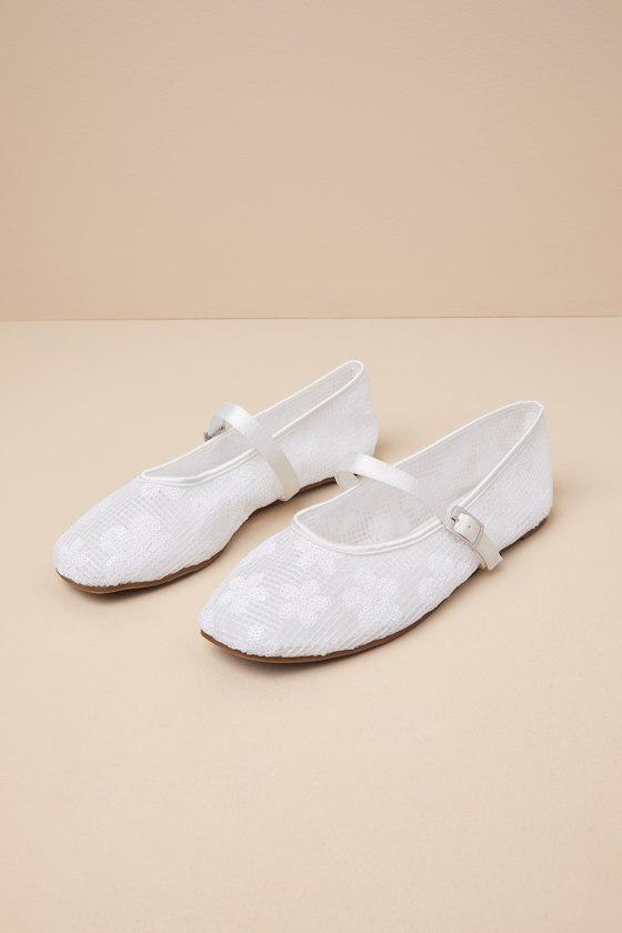 Cristen White Mesh Sequin Buckle Ballet Flats Product Image