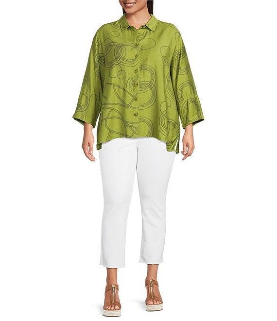 Ali Miles Plus Size Woven Geometric Print Point Collar 3/4 Sleeve Button-Front Tunic Product Image