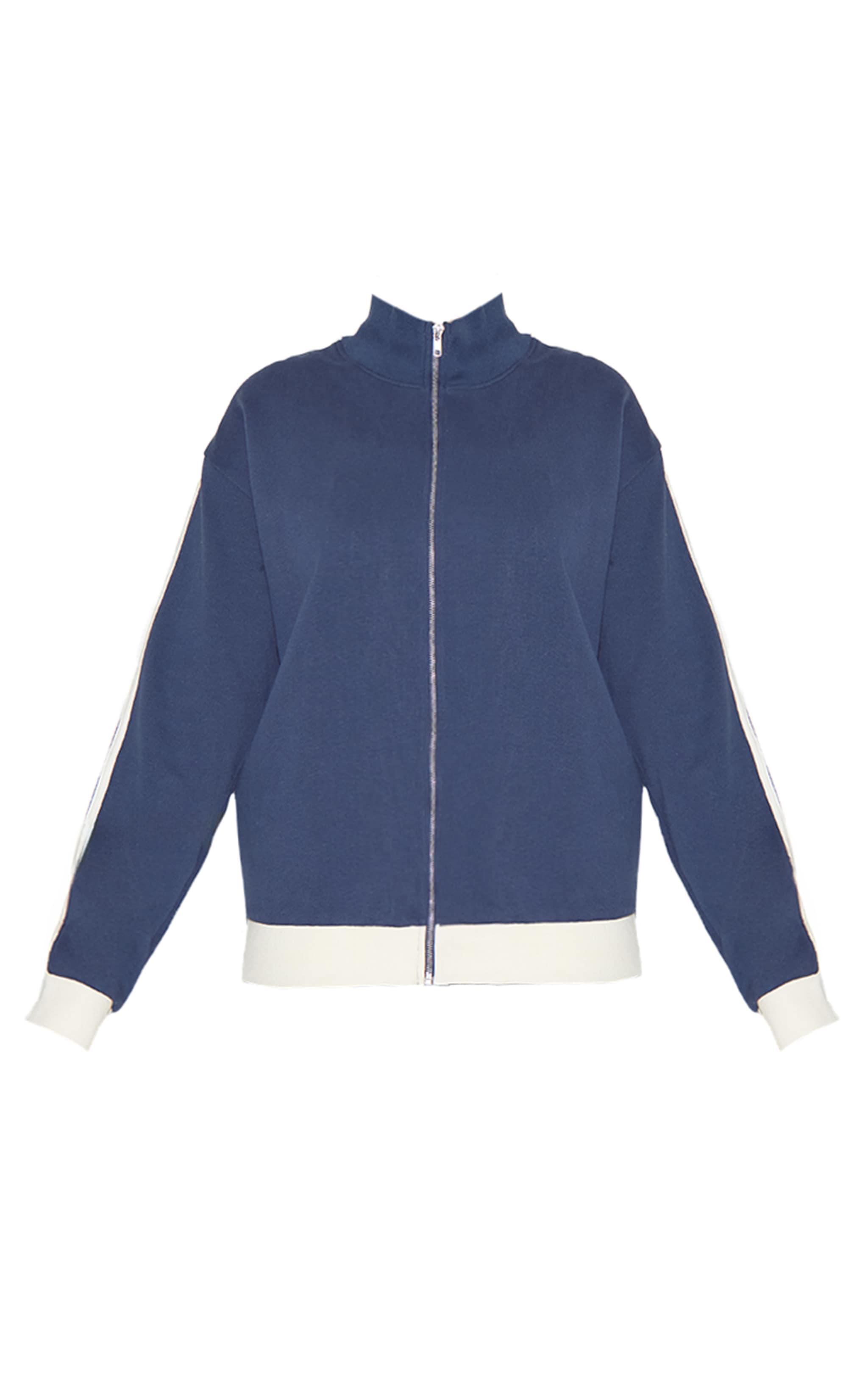 Navy Premium Side Stripe Contrast Zip Through Sweatshirt Product Image