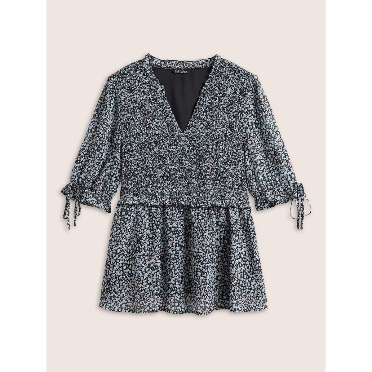 Plus Size Black Chiffon Ditsy Floral Ruffles Shirred Ties Blouse Women Elegant Short sleeve V-neck Everyday Blouses BloomChic 22-24/3X Product Image