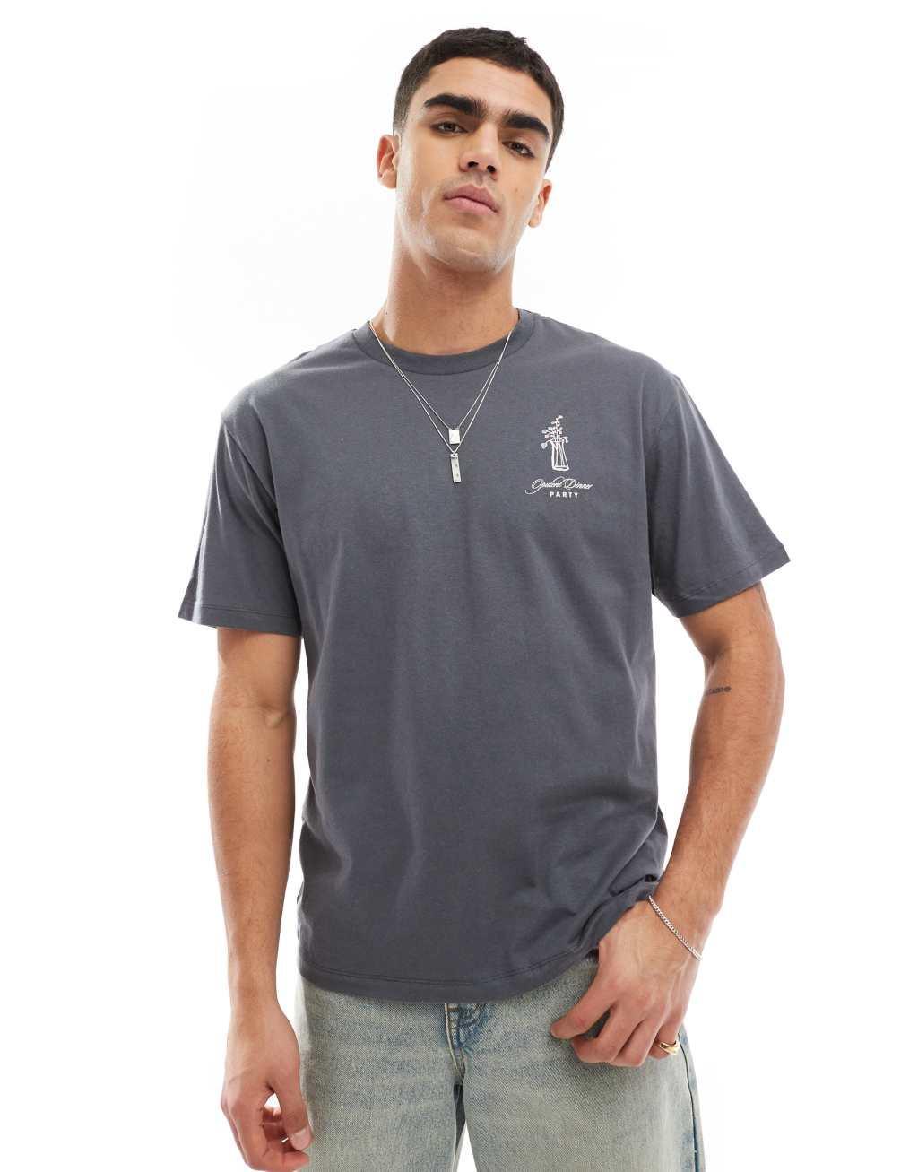 Jack & Jones oversized t-shirt with dinner party print in dark gray Product Image