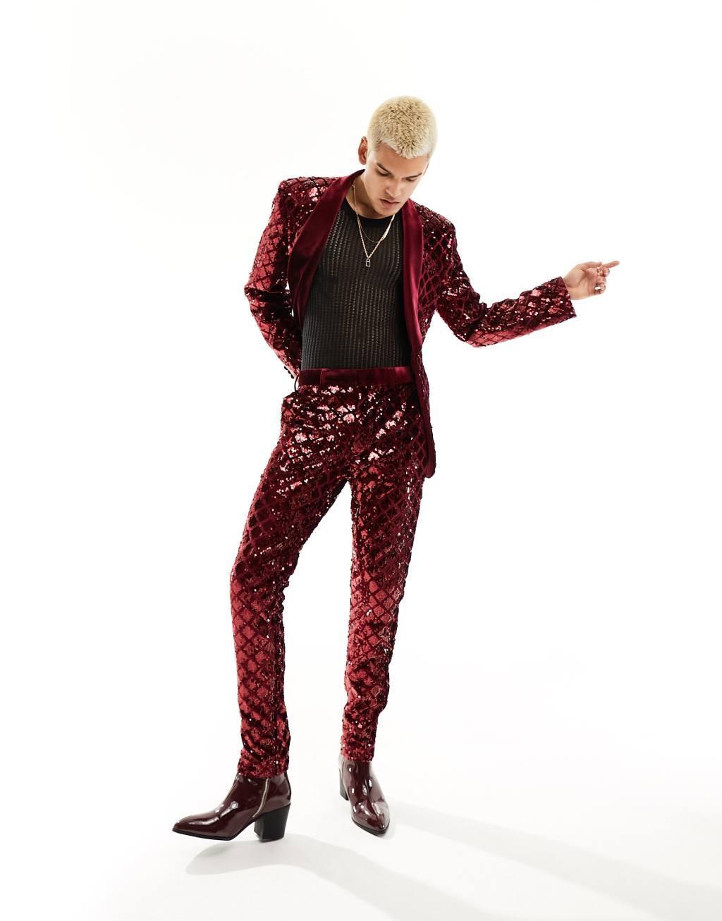 ASOS DESIGN skinny suit pants in diamond sequin in burgundy Product Image