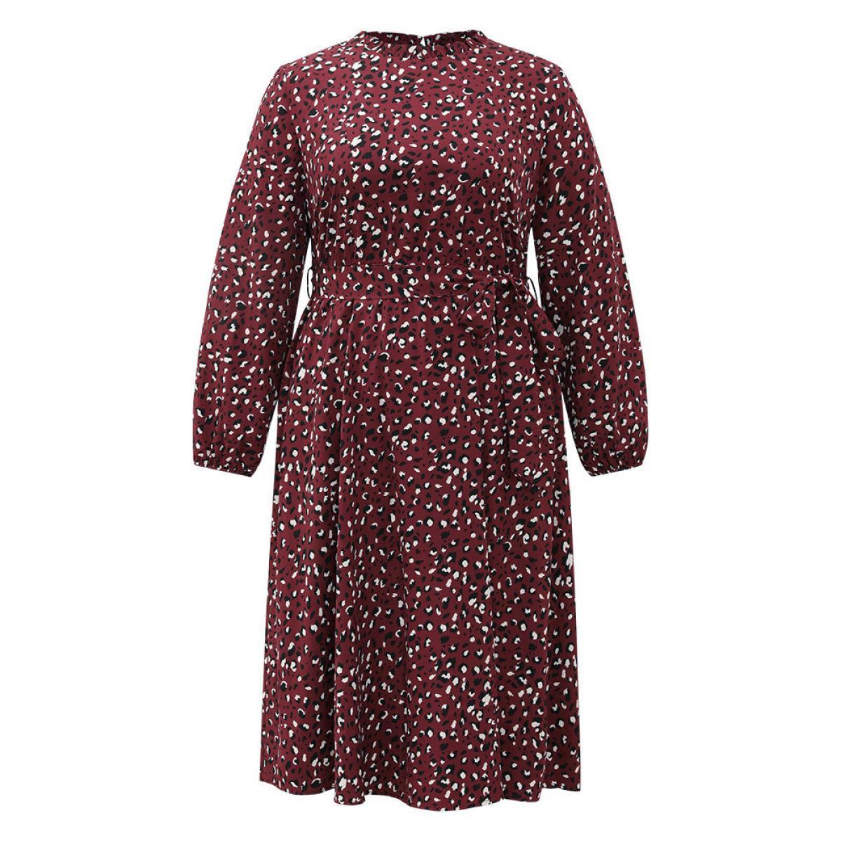 Plus Size Allover Print Elastic Cuffs Frill Trim Belted Dress Burgundy Women Elegant Elastic cuffs Mock Neck Long Sleeve Curvy Midi Dress BloomChic 12/L Product Image