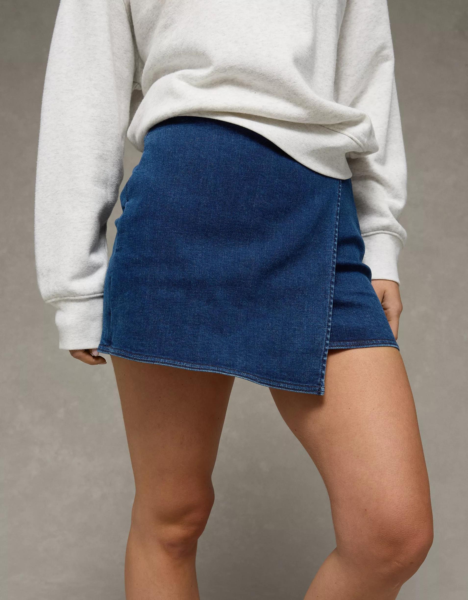 AE Next Level High-Waisted Denim Mini Wrap Skort Product Image