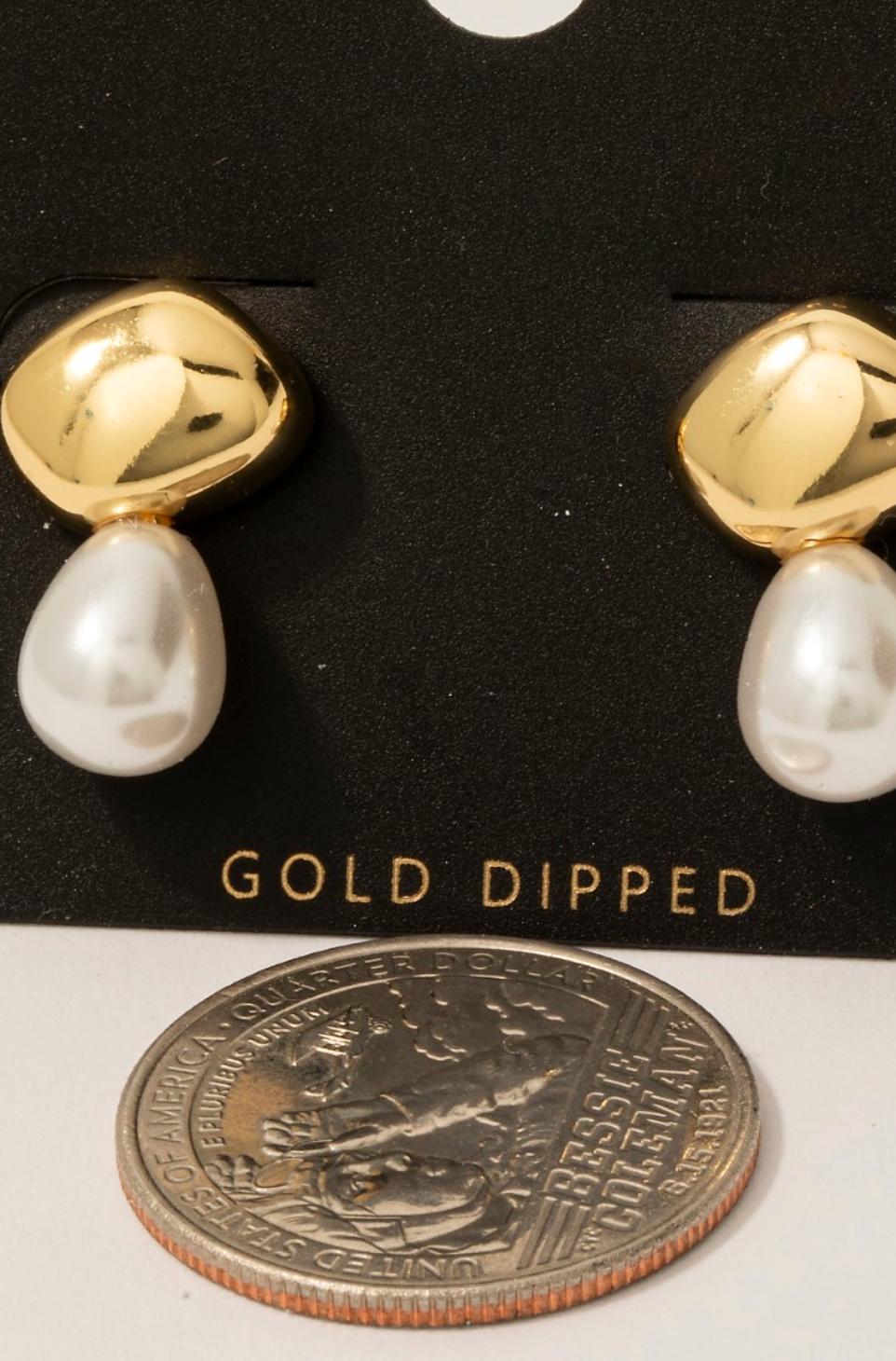 Gold Dipped Oval And Pearl Stud Earrings Product Image