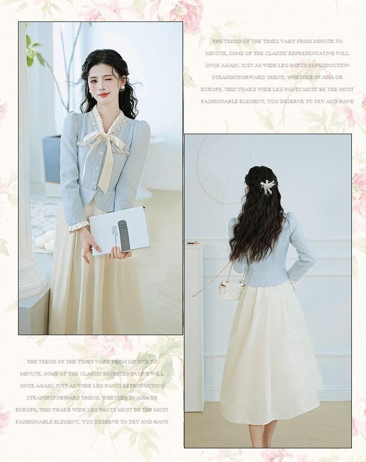 Mock Two-Piece Long-Sleeve Ribbon Neck Midi A-Line Dress Product Image