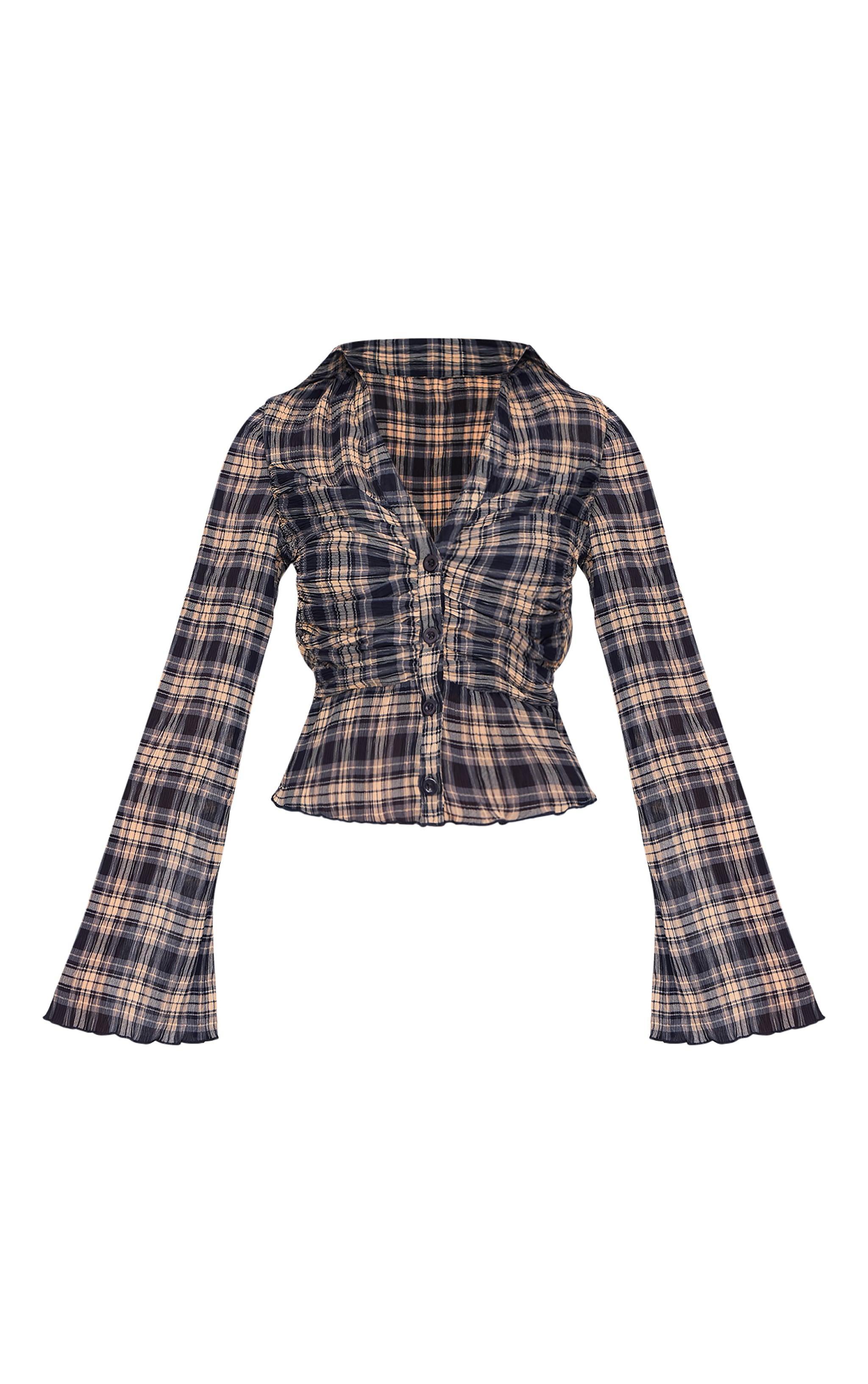 Blue Plisse Chiffon Check Blouse Product Image