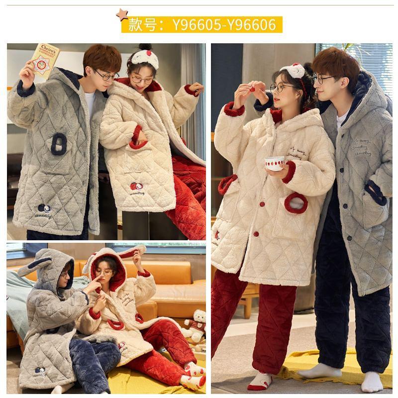 Couple Matching Pajama Set: Lettering Embroidered Hood Coral Fleece Button Jacket + Straight Leg Pants Product Image