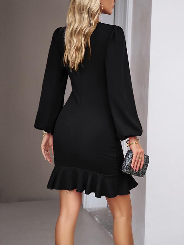 Loose Puff Sleeves Pleated Solid Color Split-Joint Round-Neck Mini Dresses Product Image