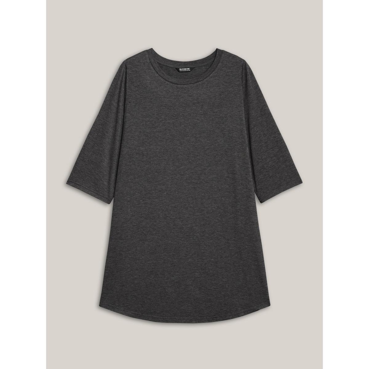 Plus Size Solid Slit Round Neck Tunic T-Shirt DimGray Women Leisure Slit Round Neck Loose Casual T-shirts BloomChic 22-24/3X Product Image