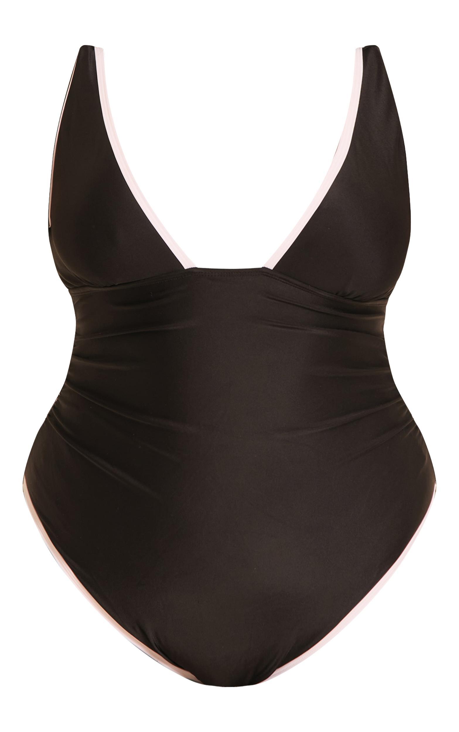 Plus Black Contrast Binding Plunge Ruched Swimsuit Product Image