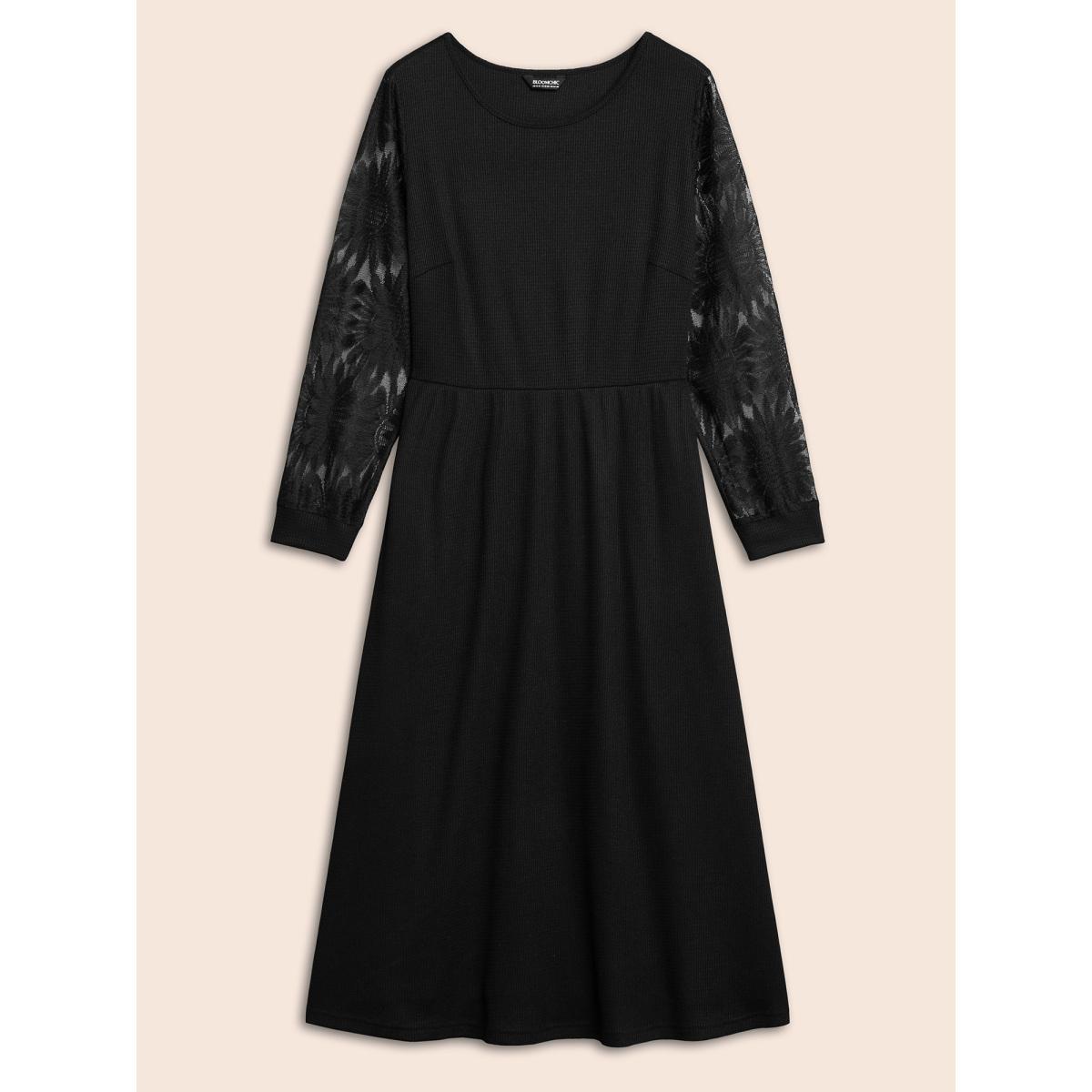 Plus Size Sheer Textured Sleeve Waist Cinched Midi Dress Black Women Elegant Texture Knit Dresses Bloomchic 22-24/3X Product Image