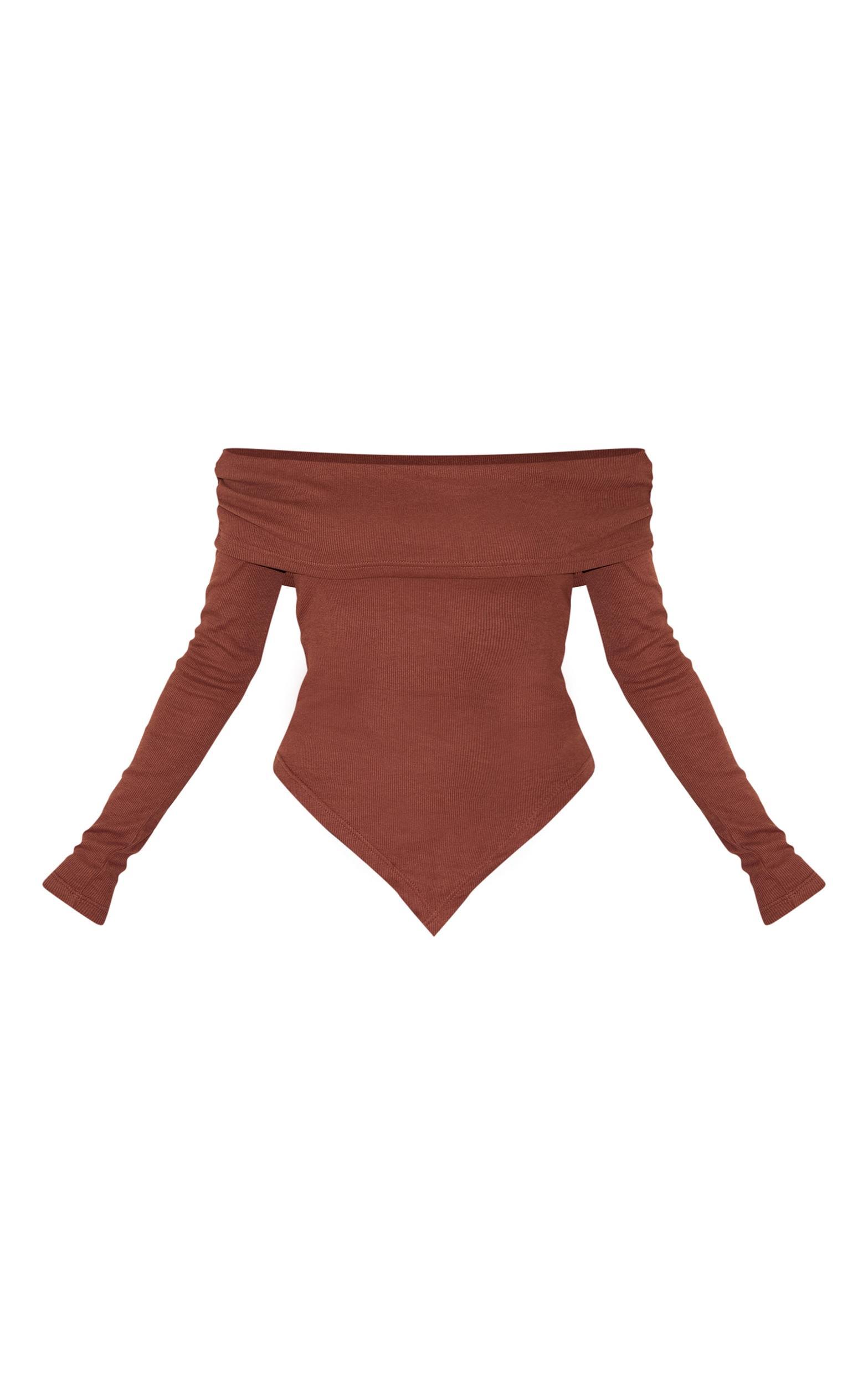 Chocolate Fold Over Bardot Dipped Hem Long Top Product Image
