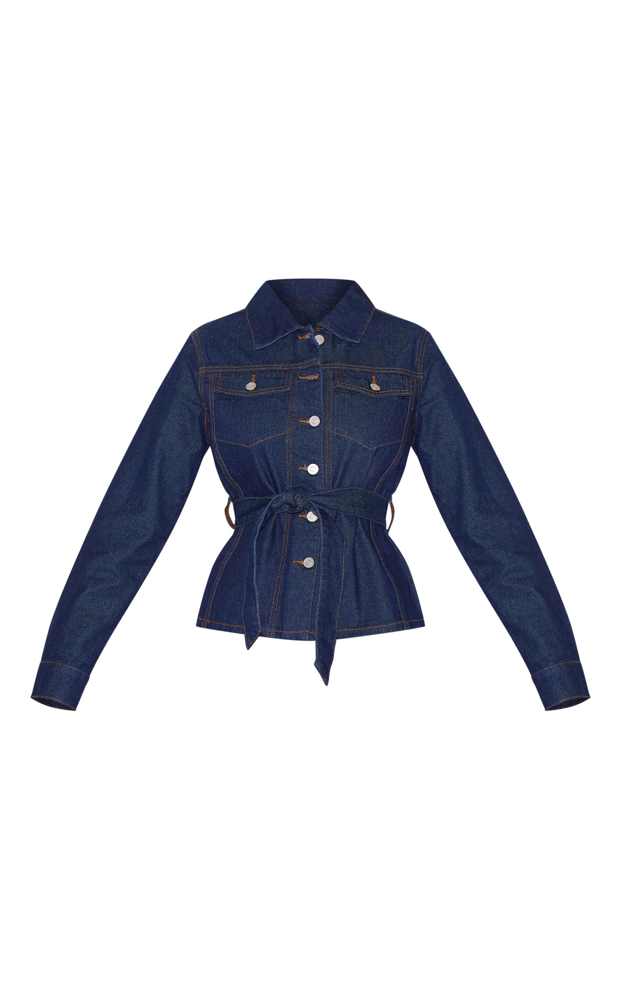  Indigo Contrast Stitch Longline Belted Denim Jacket Product Image