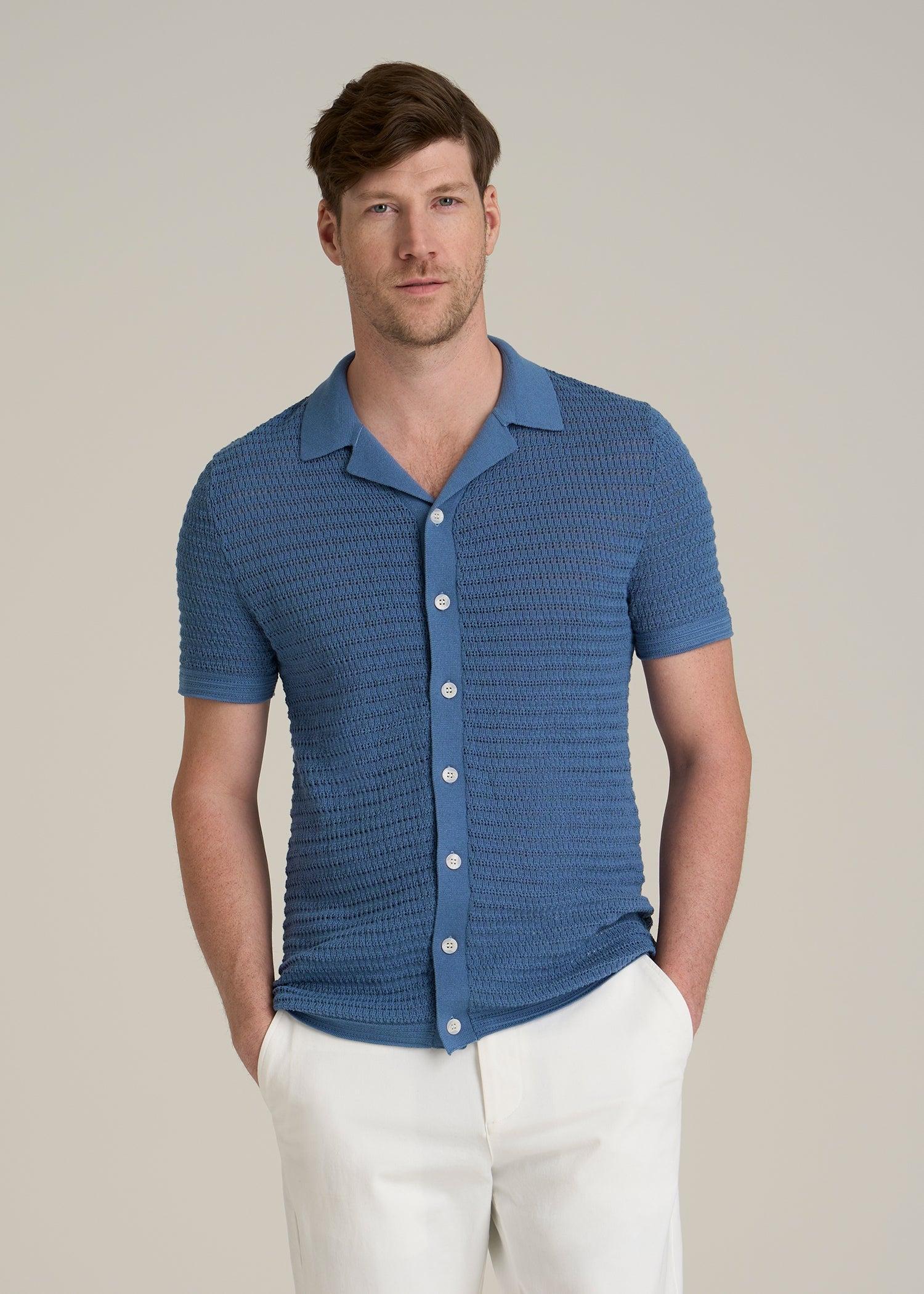 Short Sleeve Crochet Polo Cardigan for Tall Men in Deep Cobalt Male Product Image