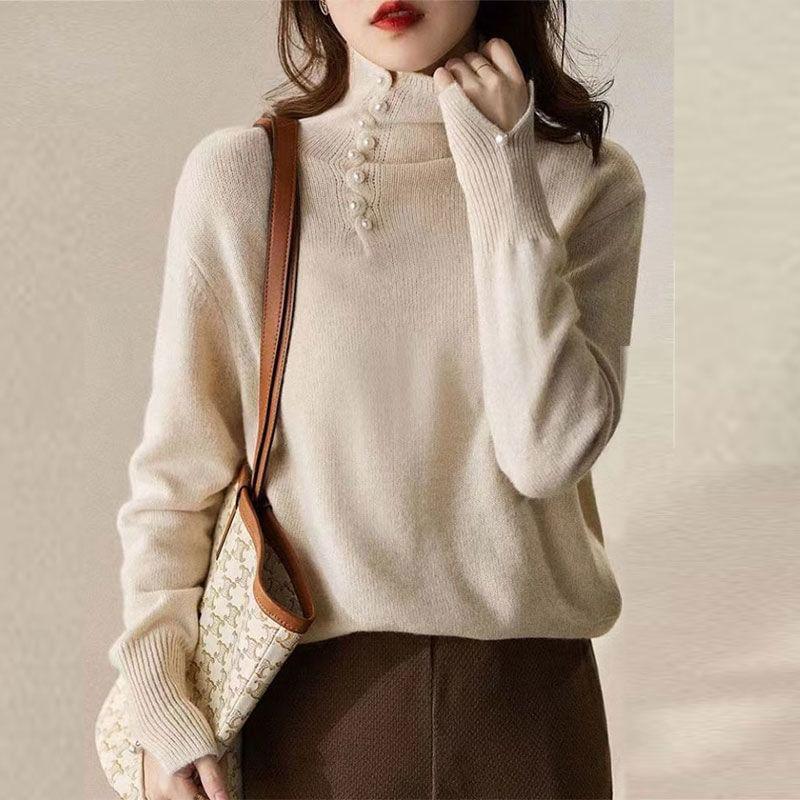 Long-Sleeve Turtleneck Plain Faux Pearl Knit Top Product Image