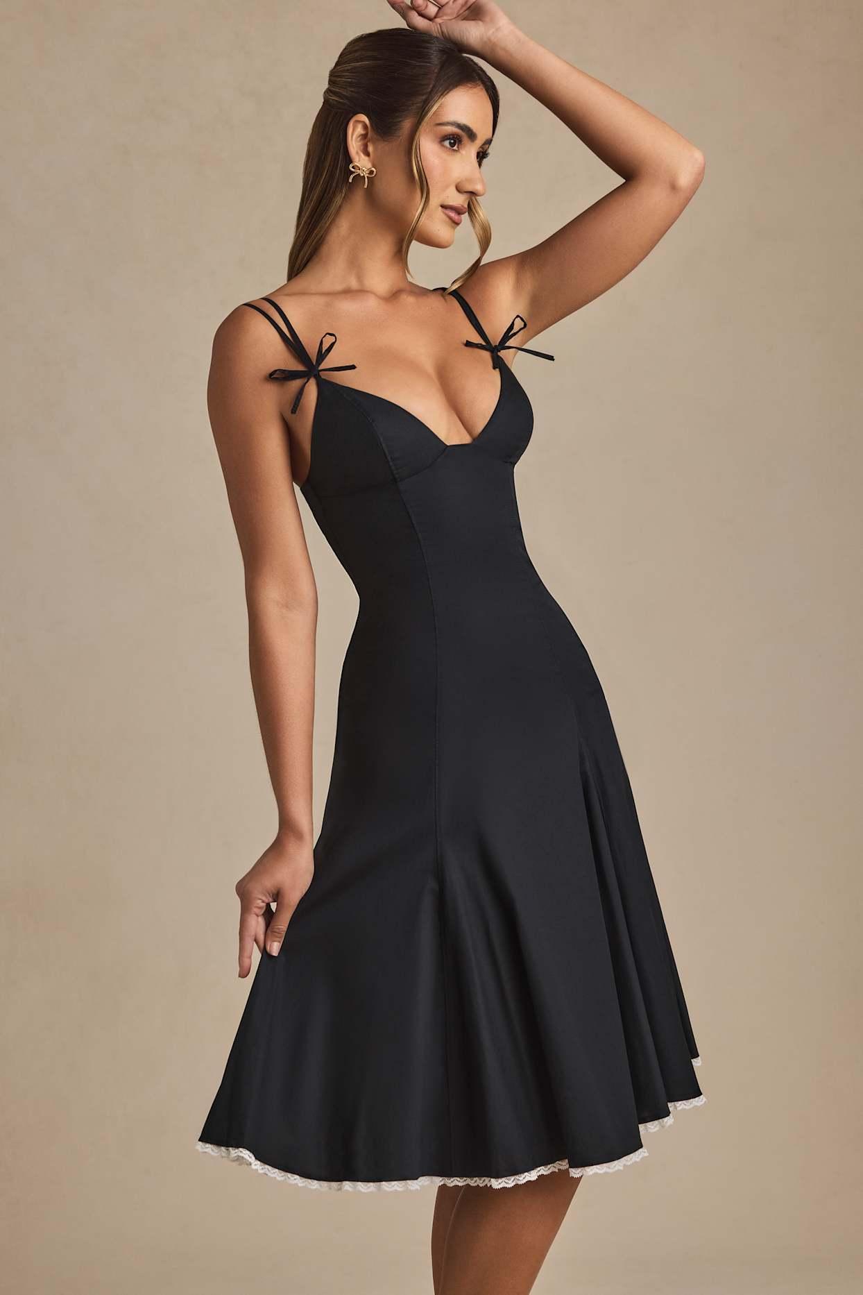 Bow-Detail Lace-Trim A-Line Midi Dress in Black Product Image
