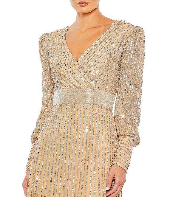 Mac Duggal Sequin Wrap Bodice Long Bishop Sleeve Gown Product Image