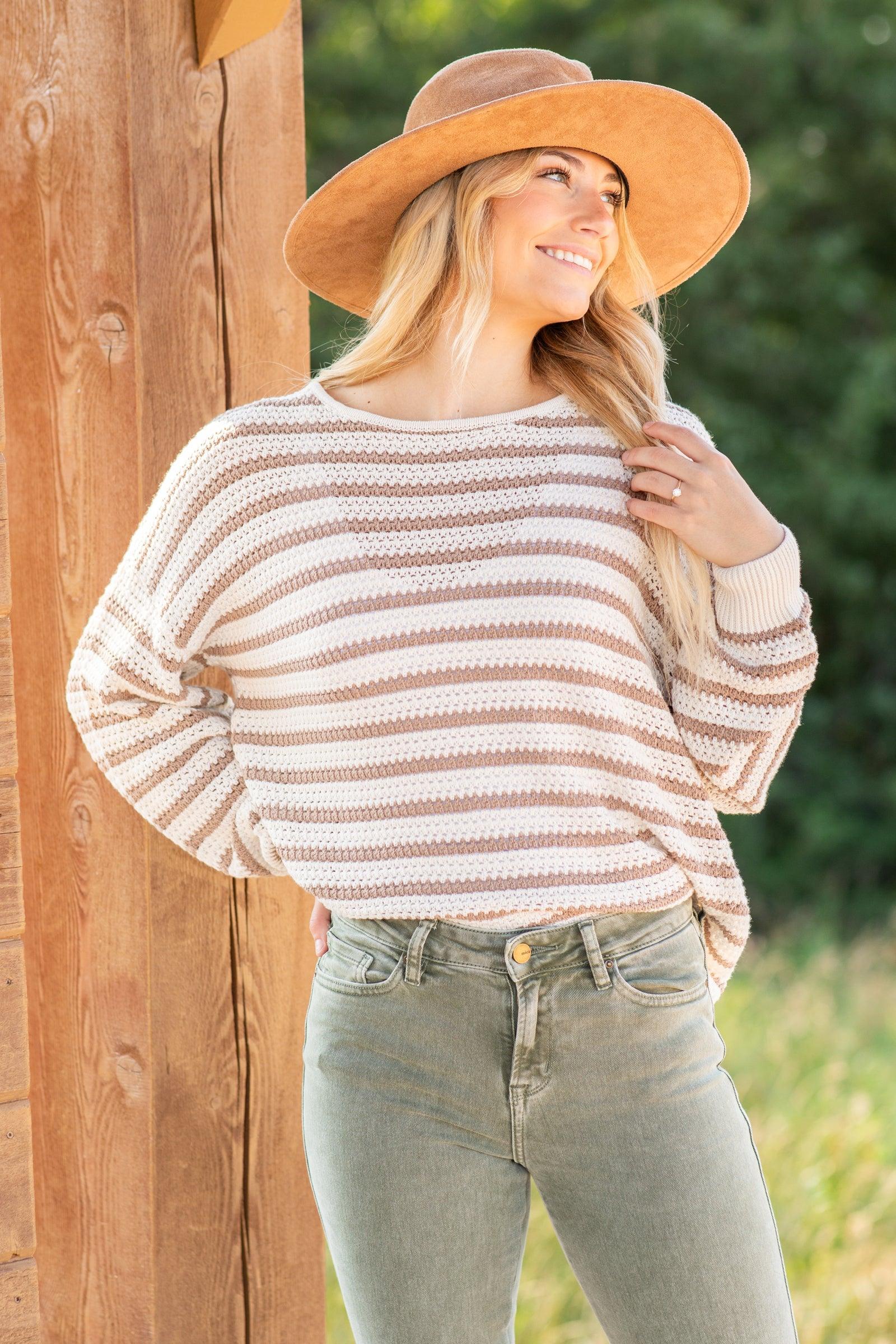 Taupe Relaxed Striped Knit Sweater Product Image