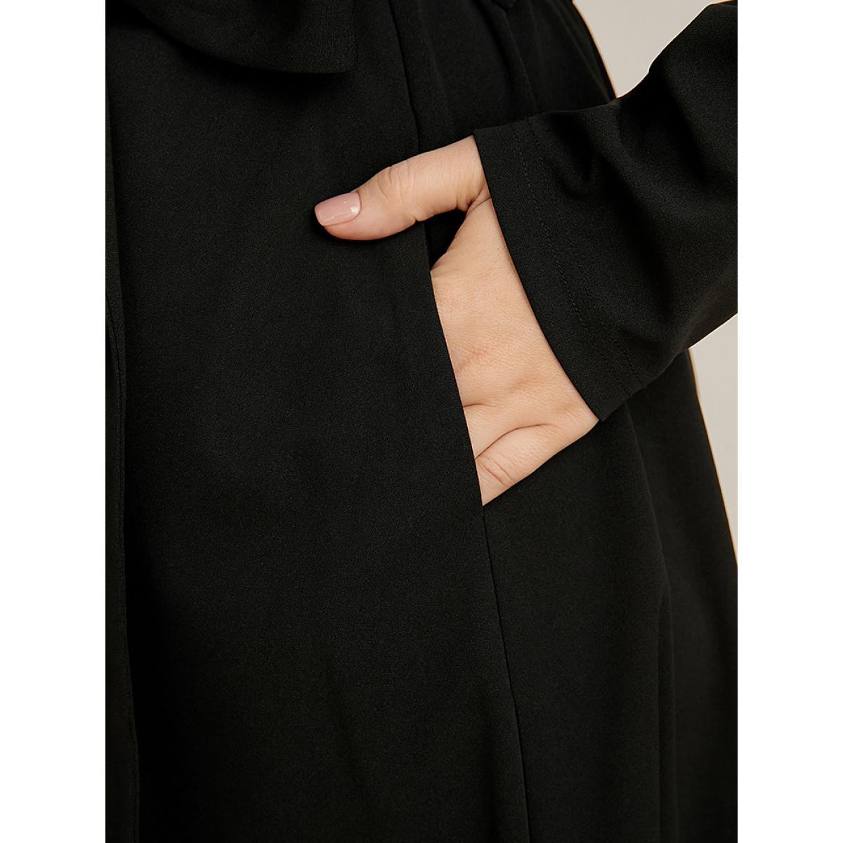 Plus Size Solid Pocket Belted Surplice Neck Flutter Dress Black Women Office Belted V-neck Long Sleeve Curvy Midi Dress BloomChic 26/4X Product Image