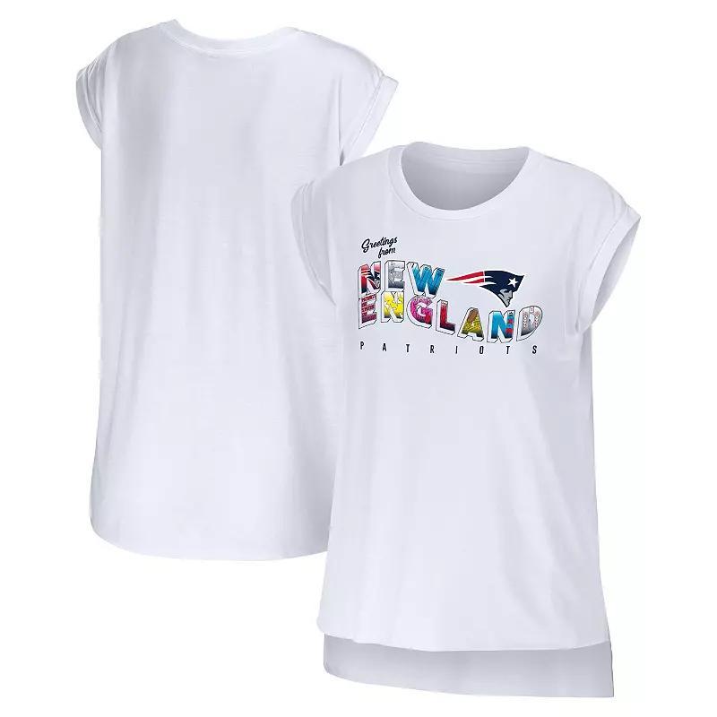Women's WEAR by Erin Andrews White New England Patriots Greetings From Muscle T-Shirt,  Product Image