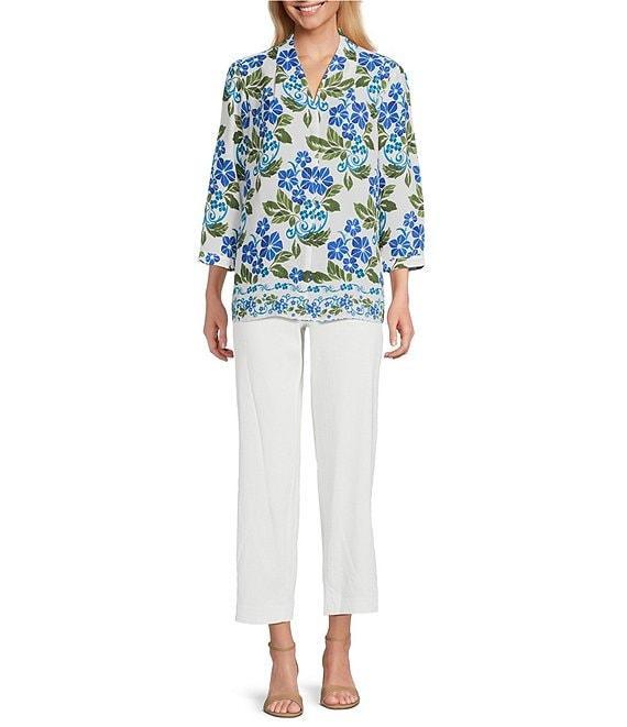 Investments Petite Size Caroline Signature Stamped Hibiscus V-Neck 3/4 Sleeve Button Front Blouse Product Image