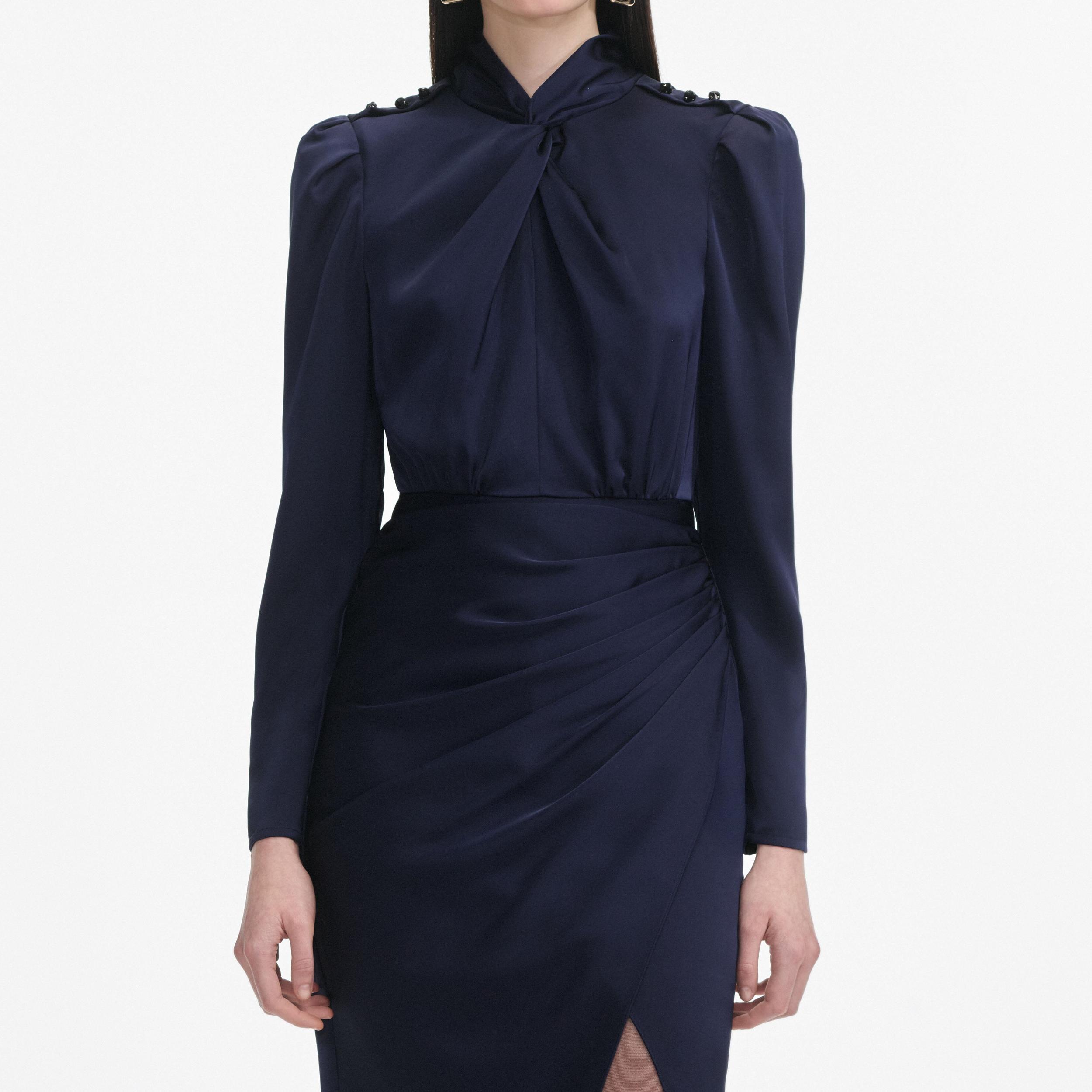 Navy Satin Midi Dress Product Image