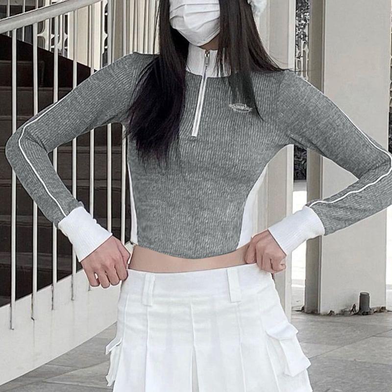 Long Sleeve Stand Collar Half Zip Ribbed Crop Top Product Image