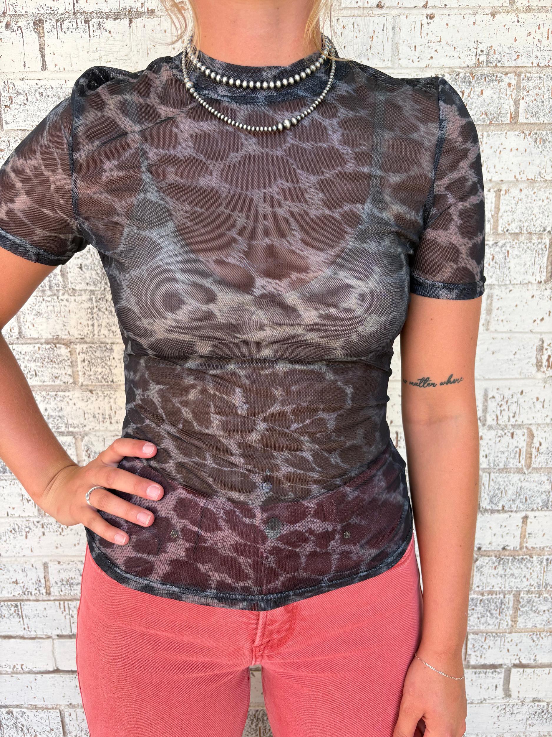 L&B Grey Leopard Short Sleeve Mesh Top Product Image