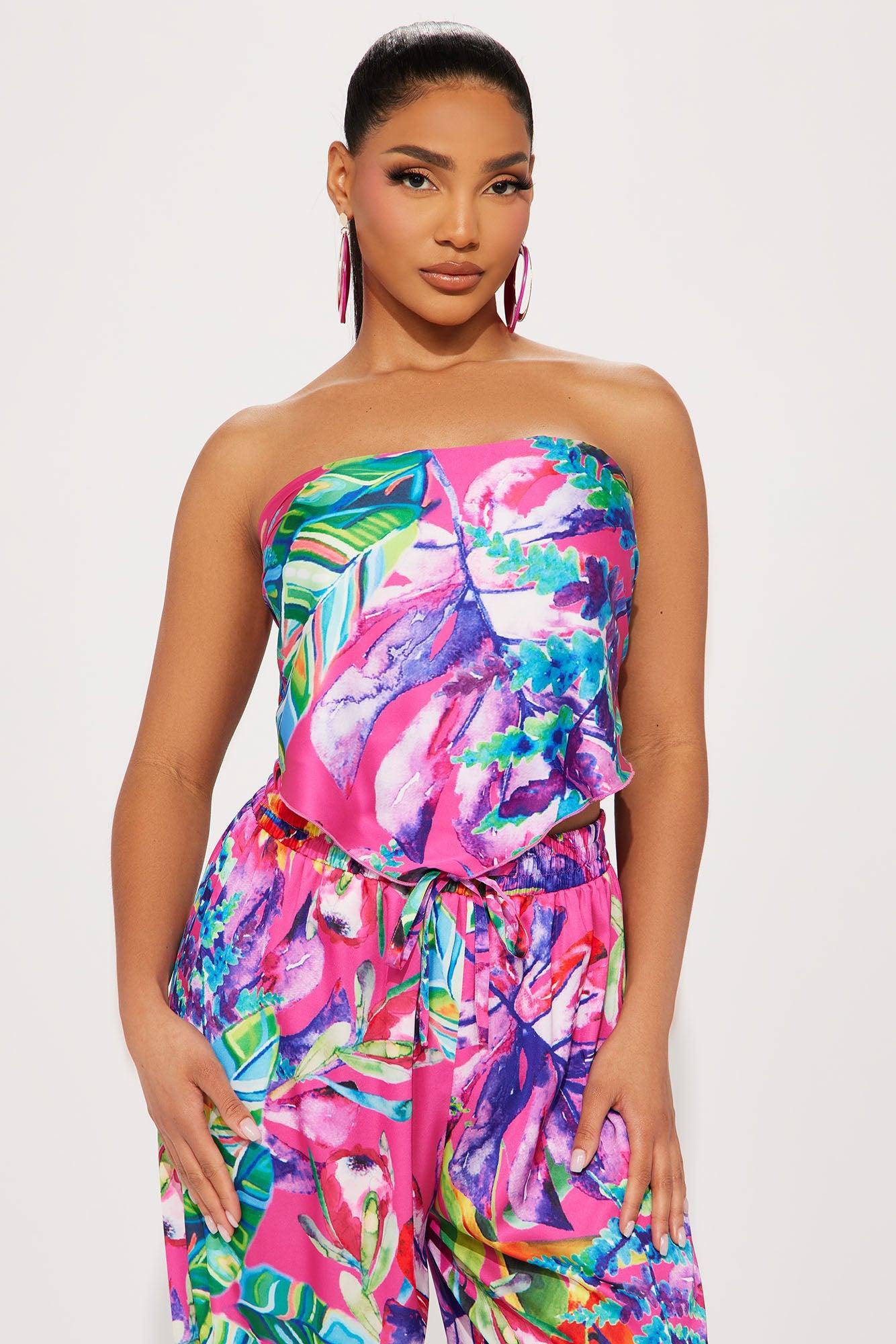 Tropical Babe Satin Pant Set - Pink/combo Product Image