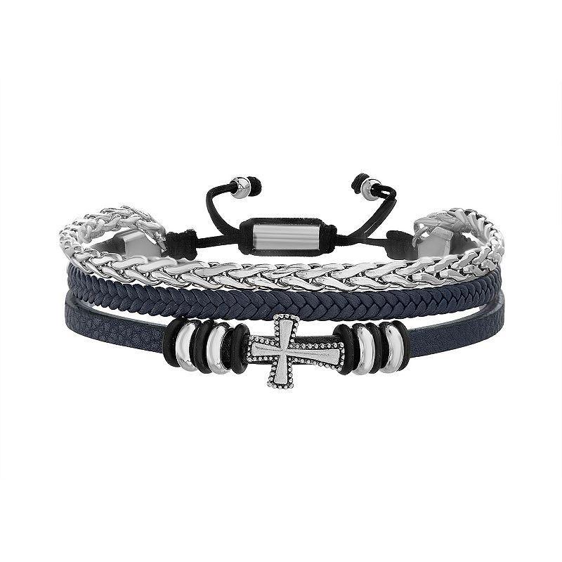 1913 Mens Stainless Steel & Black Leather Double Strand Adjustable Bracelet, Size: 7.75+3ADJ Product Image