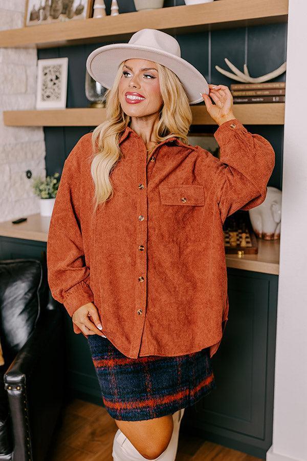 On My Mind Corduroy Button Up In Rust Curves Product Image