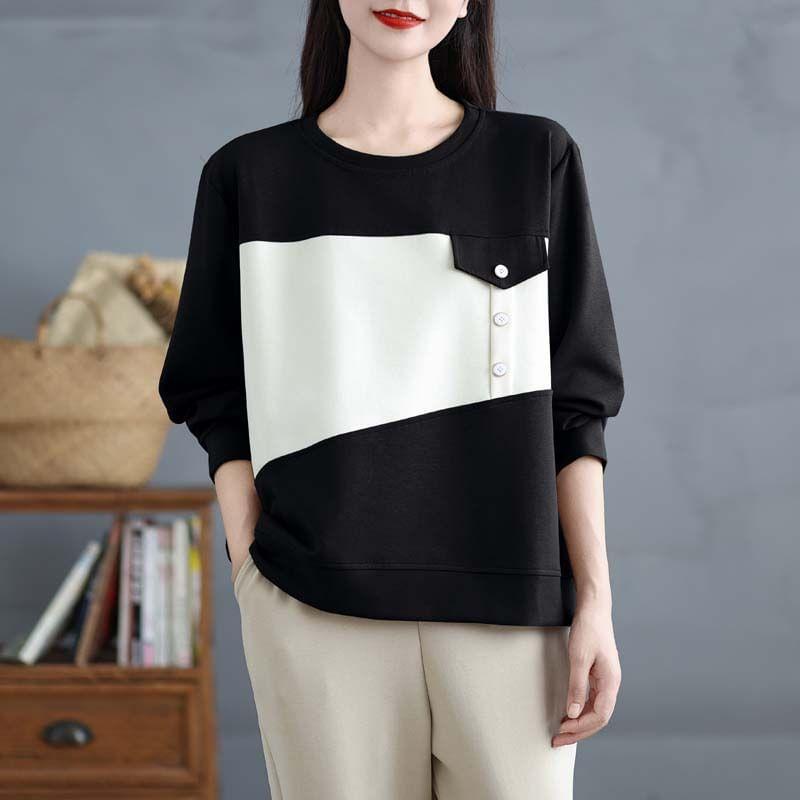 Long-Sleeve Crewneck Two Tone Asymmetrical Blouse Product Image