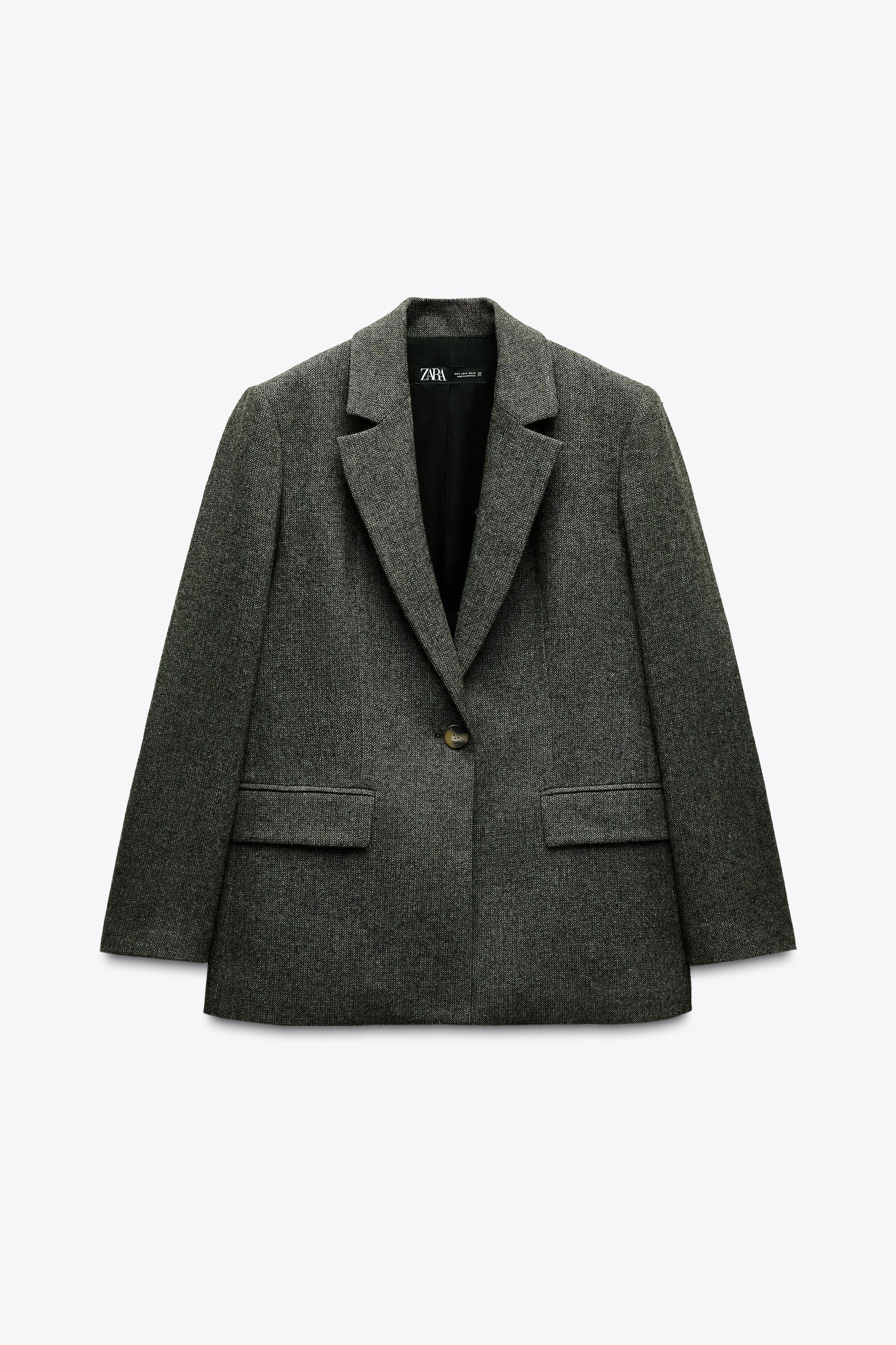 STRAIGHT CUT WOOL BLEND HERRINGBONE BLAZER Product Image