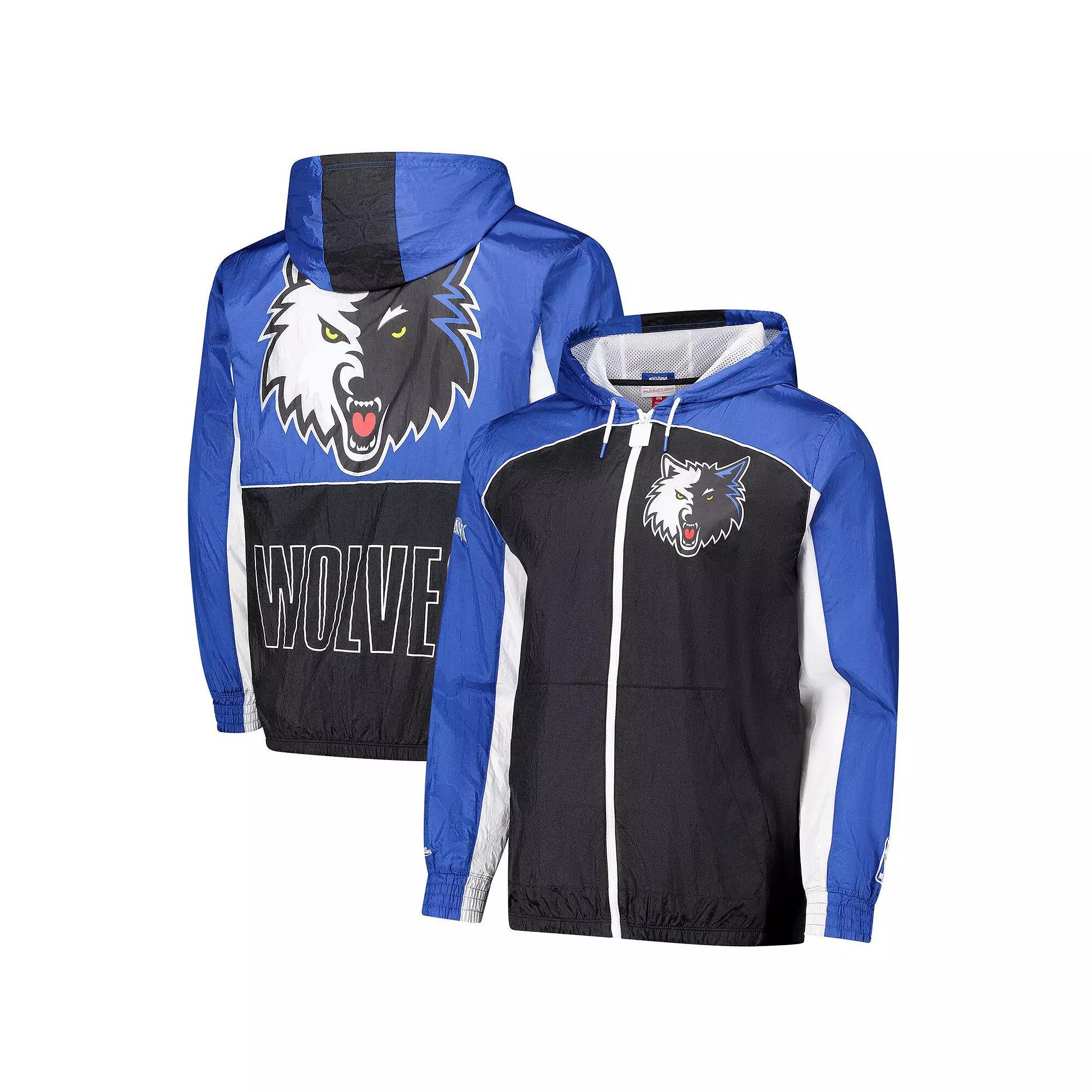 Men's Mitchell & Ness Black/Blue Minnesota Timberwolves Hardwood Classics Big Shot Premium Full-Zip Windbreaker Jacket, Size: Medium Product Image