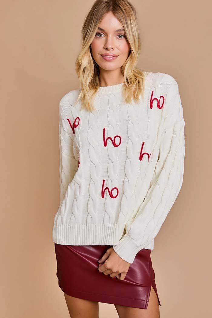 "Ho Ho Ho" Pullover Cable Sweater Product Image