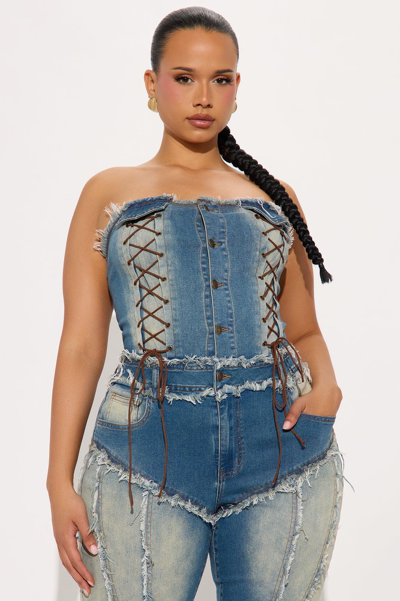 Stacked Up Washed Denim Capri Jumpsuit - Medium Wash Product Image