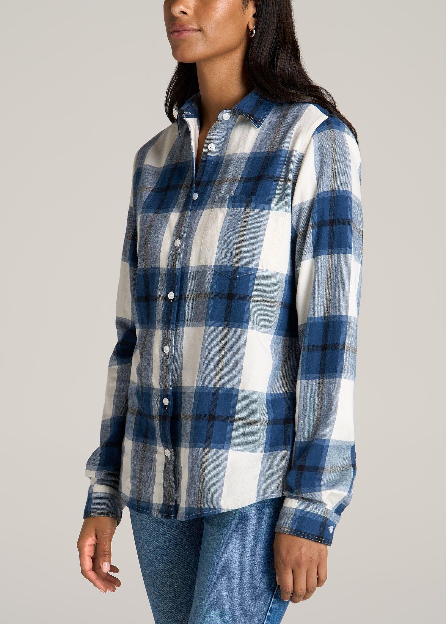 Flannel Button-Up Shirt for Tall Women in Ocean Blue and White Product Image